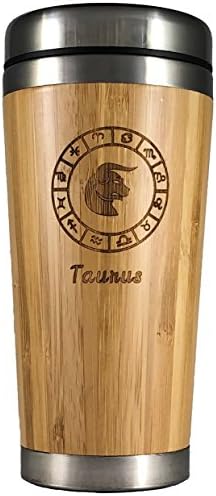 The Zodiac Mug | Premium insulated travel mug for Coffee &amp; Tea | Natural bamboo and Stainless Steel | 15.2 oz.(450ml) | Spill Proof Lid | Slip resilient base | Wooden engraving (Taurus)