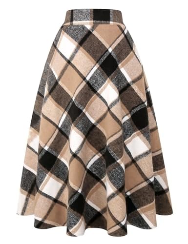 IDEALSANXUN Womens Plaid Wool Skirts Elastic Waist A-Line Pleated Tartan Long Skirts