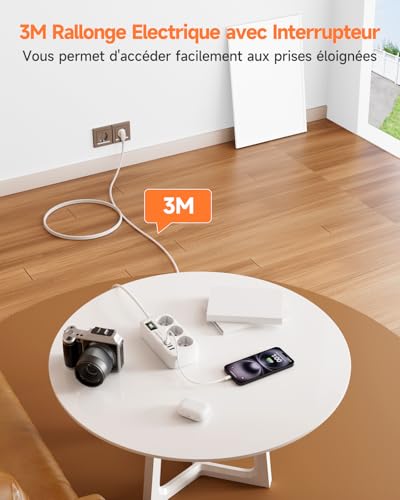 3 M Electric Extension Cord with 4 USB (2 USB-C), 3 Sockets with Switch, Wall Mount Surge Arrester for Home Office, White 16A/4000W