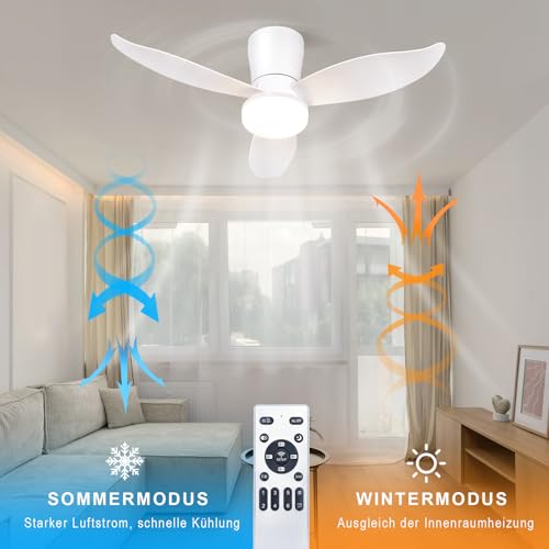 Homefire Ventilador de techo luz - Ventilador de techo silencioso de 3 aspas con luz, blanco, brillo ajustable, 6 velocidades, control remoto Lámpara de techo para dormitorio o cocina