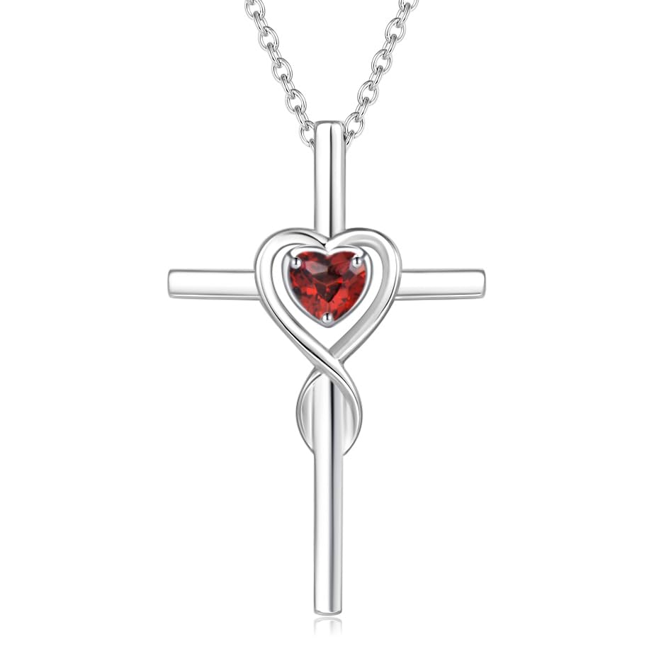 FANCIME 925 Sterling Silver Crucifix Infinity Heart Cross Pendant Necklace with Natural Garnet Gemstone Fine Jewellery for Women Girls - Chain Length: 16 + 2 Inch
