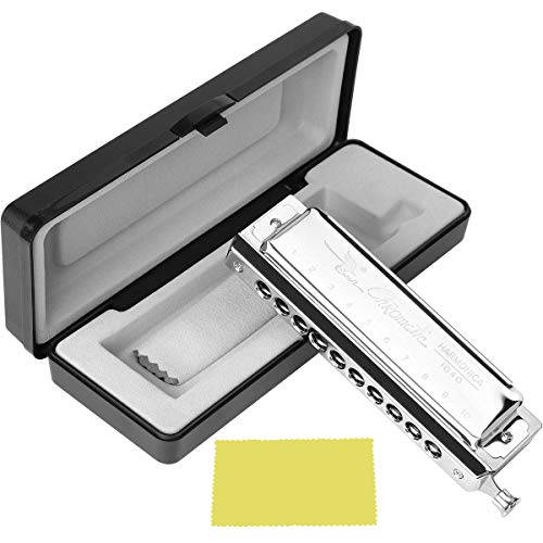 Chromatic Harmonica 10 Holes 40 Tone in C Key Stainless Steel Chromatics Harmonica with Hard Beautiful Case for Professional Player, Mouth Organ Harp Silver Best Music Gift for Beginner Student