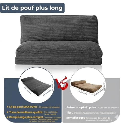 MAXYOYO Folding Bean Bag Chair with Foam Padding, Extra Thick 4 Layers, Mattress/Floor Sofa for Adults, Removable and Machine Washable Cover, Charcoal, 135 x 240 cm