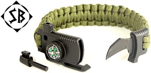 Survival Knife Paracord Bracelet – Emergency Fire Starter Compass Whistle Multitool for Outdoors Hunting Camping Hiking Fishing - Green