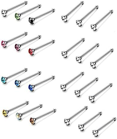 HOPIE 48PCS Stainless Steel Crystals Piercing Jewelry Nose Studs Rings Pins Mix Color Box Set 2.0mm CZ