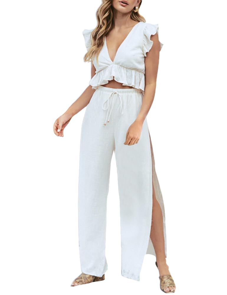 Photo 1 of FANCYINN Womens White Two Pieces Outfits Deep V Neck Crop Top Side Slit Drawstring Wide Leg Pants Set Jumpsuits M
