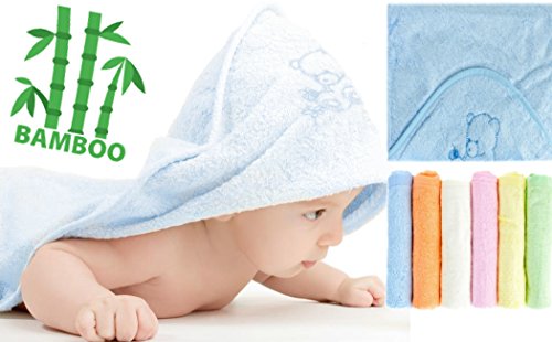 NaturCute Bamboo Baby Hooded Towel and 6 Washcloths Set - Blue