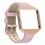 Austrake For Fitbit Blaze Bands with New Metal Frame, Replacement Leather Slim Straps with Stainless Steel Buckle for Fitbit Blaze Strap for Women Men,Pink