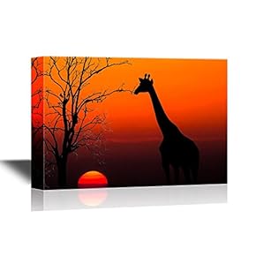African Savanna Sunset Canvas Wall Art - Giraffe on African Savannah at Sunset - Gallery Wrap Modern Home Art | Ready to Hang - 12x18 inches