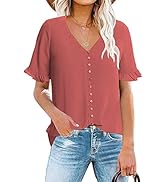 luvamia Women's Casual V Neck Tops Ruffle Short Sleeve Blouses Button Down Shirts