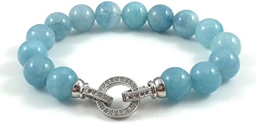 Women's Aquamarine Bead Bracelet with Pave CZ Clasp 7.5"