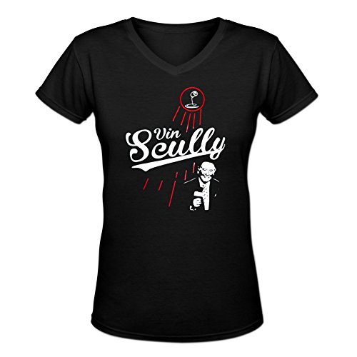 Womens Vin Scully Baseball Hall of Fame Broadcaster V-neck Tee By Rockshirts L Black