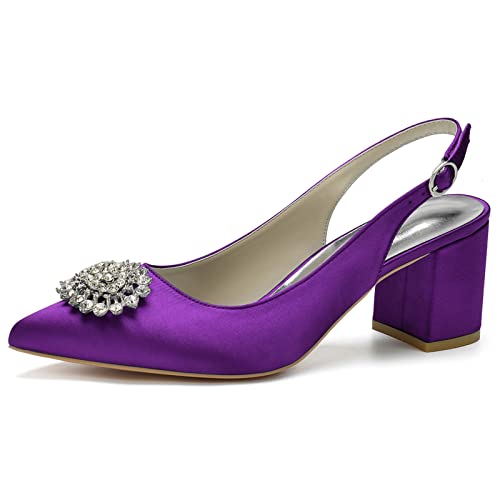 HYMYSUNY Women Satin Rhinestone Slingback Pumps Chunky Block Heels Pointed Toe Wedding Bridal Court Shoes,Dark Purple,10