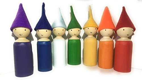 Gnomes in Caps - Set of 7 Rainbow Peg Dolls - Hand Made Organic Natural Toy - Waldorf Toy