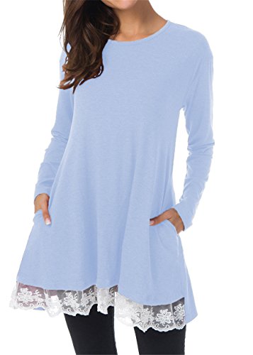 Taydey Women Lace Long Sleeve Tunic Top Casual Blouse With Pockets?Light Blue L