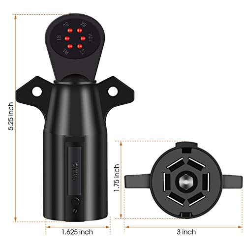 SUZCO 7-Way 6 Function RV Trailer Plug Light Circuit Tester Adapter, Black Round 7 Flat Pin Controller 12V for RV Trailer Boat SUV Truck
