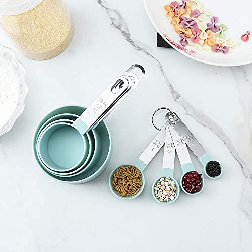 Measuring Cups and Measuring Spoons Kitchen gadgets set Measuring spoon with stainless steel handle 8-piece set of necessary measuring tools for baking Stackable Wet and dry (Light blue)