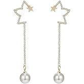 Crymystal Long Pearl Tassel Drop Earrings Vintage Pearl Tassel Chain Earrings Gold Half Pentagram Earrings Tassel Pearl Wedding Earrings Jewelry for Girls Gifts