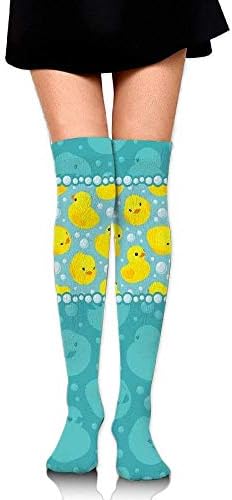 Woman Yellow Cartoon Duckies Swimming In Water Pattern With Fun Bubbles Aqua Colors Soft Knee High Socks