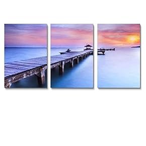 Long Bridge Ocean Sunset Painting Artwork for Home...