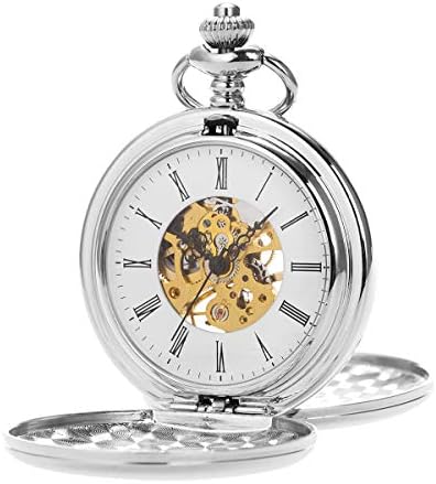Mens Pocket Watches Mechanical Double Hunter Roman Numerals Skeleton Smooth Case with Chain + Gift Box