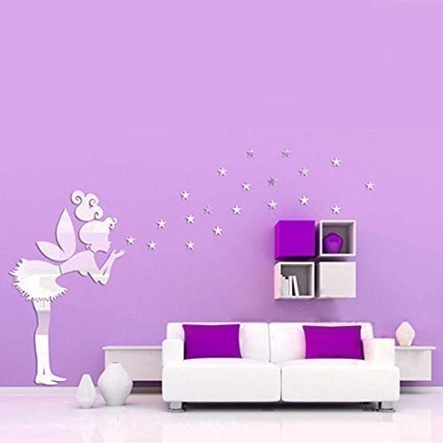Walplus Mirror Wall Art"Tinker Bell Girl" Wall Stickers Removable Self-Adhesive Mural Decals Vinyl Home Decoration DIY Living Bedroom Office Décor Kids Room, Silver