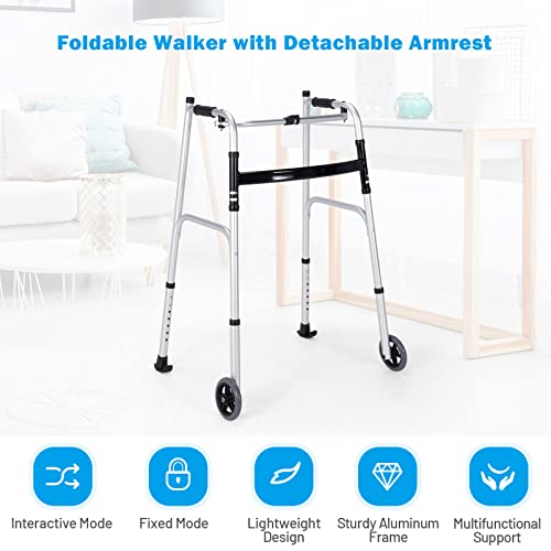 Goplus Walkers for Seniors, Foldable Standard Walker with 5’’ Wheels