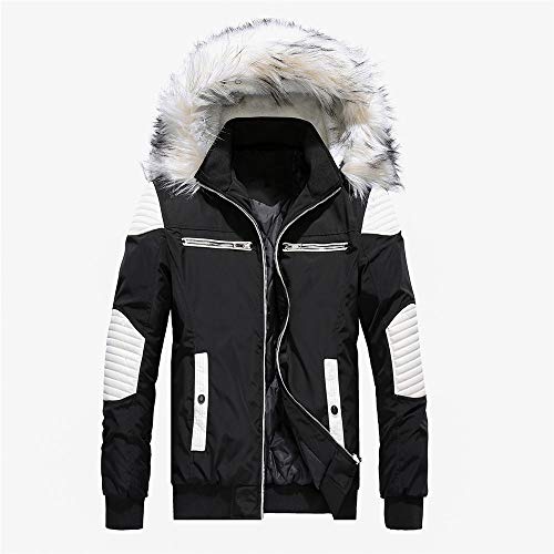 Hanican Men Winter Coat Faux Fur Hooded Patchwork Jacket Fashion Thicken Cotton Outerwear, Black, XXL