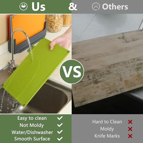 BEWOS 4 Colour Coded Chopping Boards Set, Wheat Straw Cutting Board, Reversible Chopping Board with Stand, Non-Slip Feet Chopping Boards for Kitchens, Juice Grooves & Dishwasher Safe