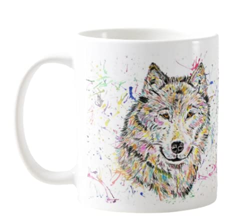 Vixar Wolf Watercolour Rainbow Art Coloured Mug Cup, Gift, Birthday, Work, Office, Christmas Tea Coffee (White)