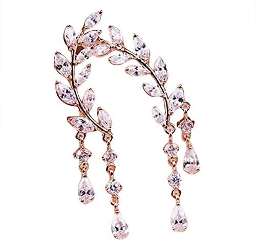 Quistal 1Pair Women Fashion Crystal Rhinestone Leaves Tassel Ear Stud Earrings