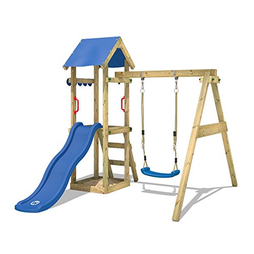WICKEY Spielturm Klettergerüst TinyWave mit Schaukel & Blauer Rutsche, Outdoor Kinder Kletterturm mit Sandkasten, Leiter… – Bild 4