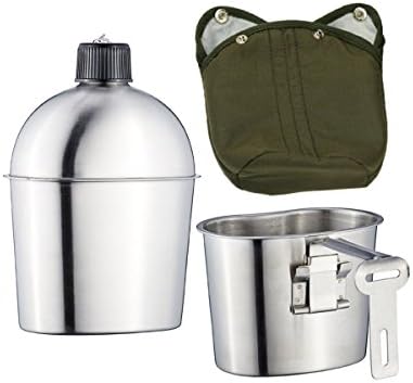 Kitchnexus Military Stainless Steel 1L Canteen With 0.6L Cup With Green Nylon Cover Camping Hiking Survival Water Bottle
