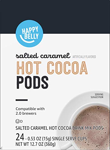 AMAZON BRAND – HAPPY BELLY HOT COCOA PODS COMPATIBLE WITH 2.0 K-CUP BREWERS, SALTED CARAMEL FLAVORED, 24 COUNT
