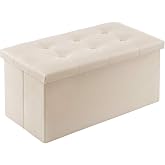 YOUDENOVA 30" Ottoman with Storage, Folding Faux Leather Bench, Beige | Foldable Ottoman for Dorm with Hidden Storage, Padded Faux Leather Seat for Living Room, Bedroom and Entryway