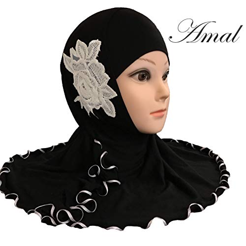 Children Girls Kid Muslim Hijab Islamic Scarf Headwear for 2-12 Years Cotton USA (Black & White)