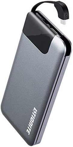 Litionite Venus Pro 10000mAh Power Bank External Battery in Aluminum with Quick Charge 3.0 - Ultra Thin and Light with Integrated Type-C Cable and Led Display - Portable Charger for Smartphone/Tablet Android Windows (Type-C Cable, Grey)