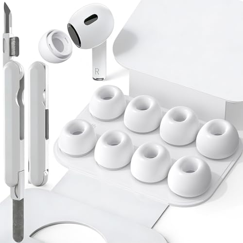 SIXFU 4 Sizes of Ear Tips Compatible with AirPod Pro and AirPods Pro 2 Ear Tips with Portable Storage Box & AirPod Cleaning Kit, Noise Reduction Hole & Dense Dust Guard Screen(XS/S/M/L)-White