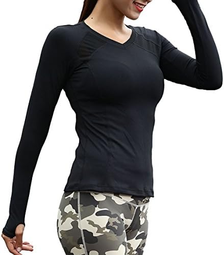 Hencu Women's Workout Tee Long Sleeve Yoga Running Gym Sports Quick Dry T-Shirt (M, Black)