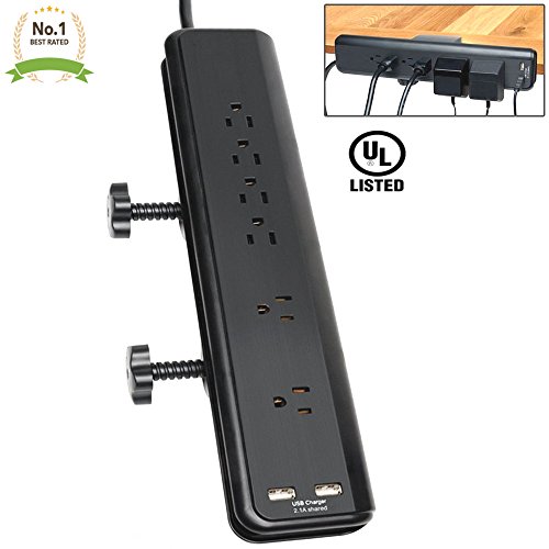 image for LavoHome Clamp on 6 Outlet 6FT POWER STRIP WITH 2 USB CHARGER & SCREW-