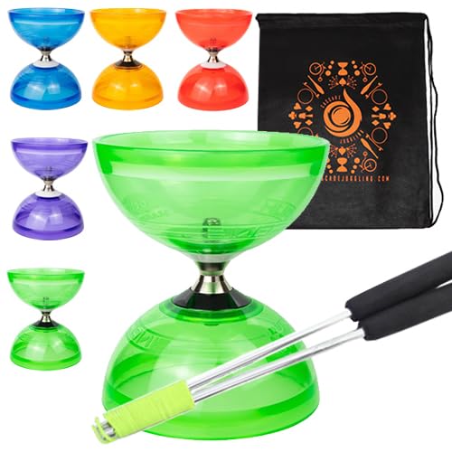 Jumbo Hurricane Pro Triple Bearing Clutch Diabolo Set with Aluminium 'Metal' Sticks, Diabolo String and Cascade Carry Bag (Green with Silver Handsticks)