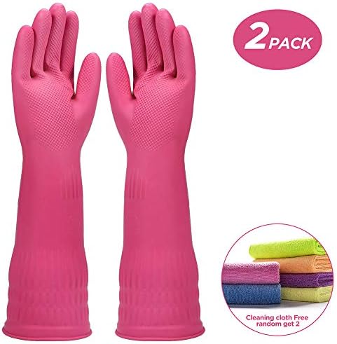 Rubber dishwashing gloves for Kitchen long cleaning gloves 2-Pairs Waterproof Reuseable,Get cleaning Cloth 2-Pack.