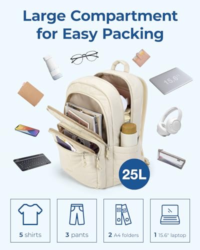 bagsmart Laptop Backpack for Women, Travel Backpack, School Backpack, Teenager Quilted Daypack, Waterproof Book Bag for 15.6 Inch Laptop, College Travel, Beige