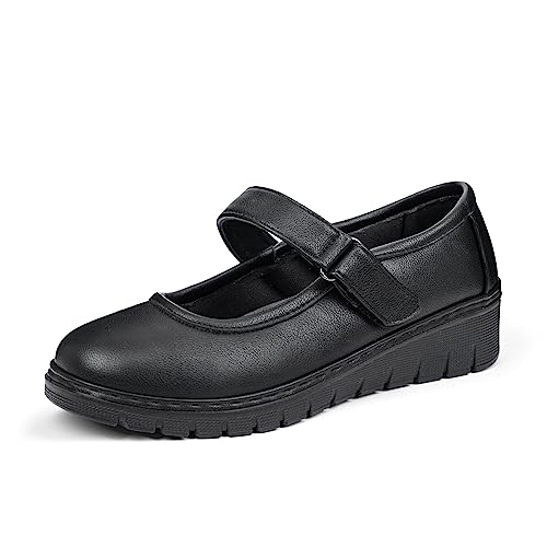 ACANER Women’s Mary Jane Flats,Comfort Round Toe Low Wedge Slip-on Walking Shoes(Black PU,7) at Amazon