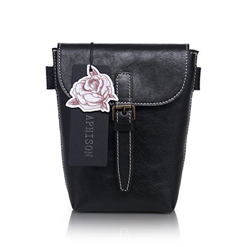 APHISON New Retro Leather Handbags Leather Phone Mini Bag Inclined Shoulder Bucket Bags (80270black)