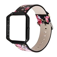 YOSWAN Replacement Band for Fitbit Blaze, Watchband Floral Soft Leather Strap Replacement Watch Band Wristband Bracelet Strap and Frame for Fitbit Blaze (Black Pink+ Black Frame)