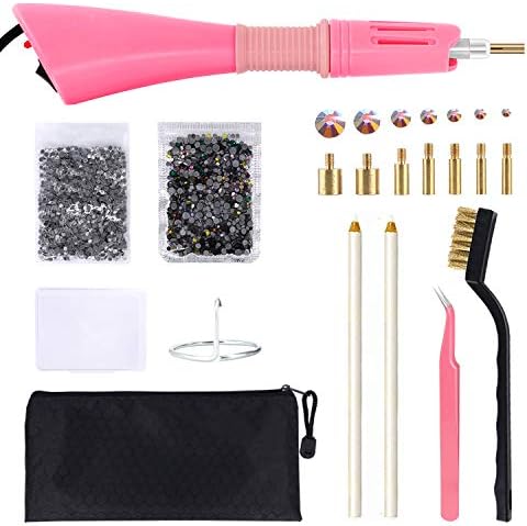 Hotfix Applicator, GLTECK DIY Hot Fix Rhinestone Applicator Wand Setter Tool Kit with 7 Different Sizes Tips-2 Rhinestone Pencil Pickers -Tweezers & Brush Cleaning kit and 2 Pack Hot-Fix Crystal Rhin
