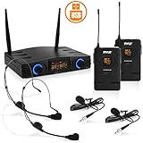 Compact UHF Wireless Microphone System - Pro Portable Dual Channel Desktop Digital Mic Receiver Set w/ 2 Belt-Pack Transmitter, Receiver, 2 Headset, Lavalier Mics, XLR, for Home, PA - Pyle PDWM2958B