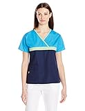 WonderWink Women's Origins Tri-Charlie Scrub Top, Malibu Blue/Green Apply/Navy, Medium