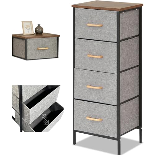 Fabric Storage Drawer, 4 Tiers Storage Bins Dresser Tower Drawer Unit | Steel Frame Storage Cabinet Wooden Top Closet Organizer for Clothes Snacks Toys Book Bedroom Entryway Office 38x29x94cm